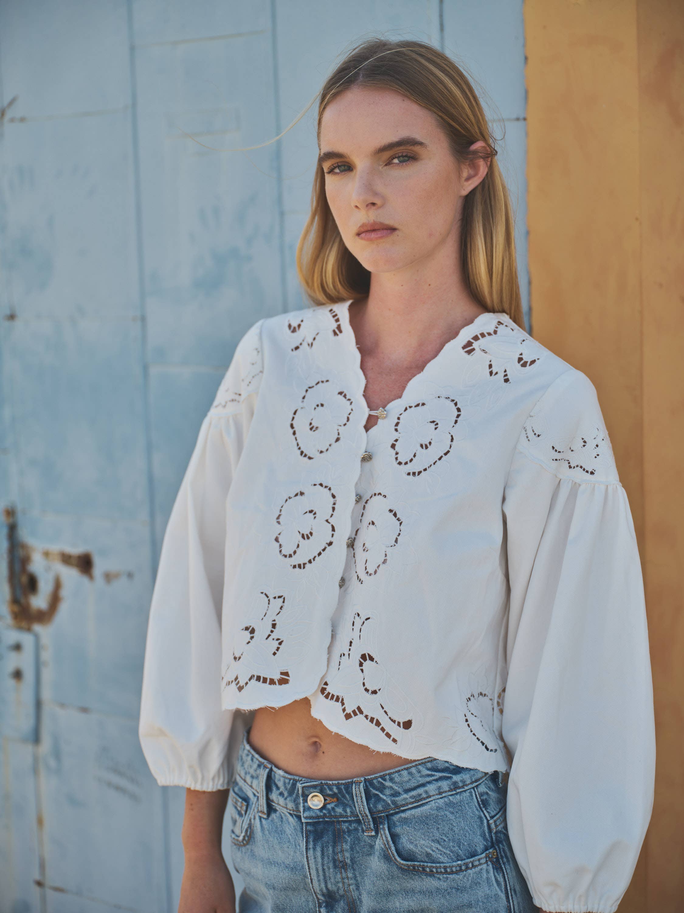 DENIM EMBROIDERY BLOUSE - Out of the Blue
