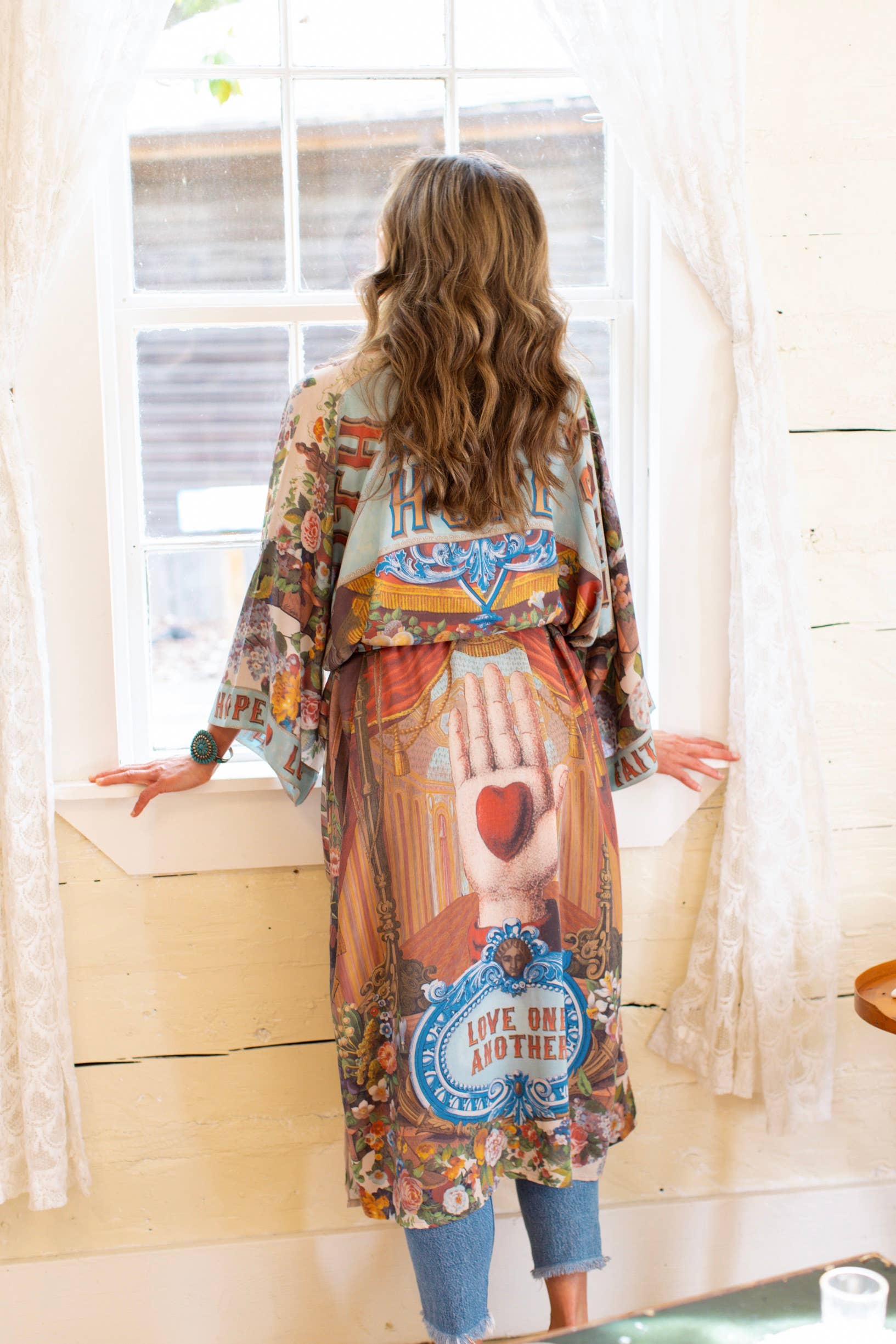 Love Language Printed Long Duster Bamboo Kimono Robe - Out of the Blue