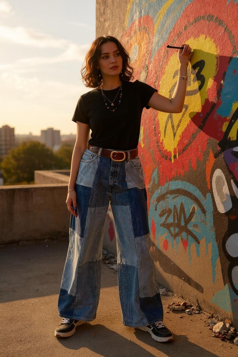 Patch Wide Leg Denim