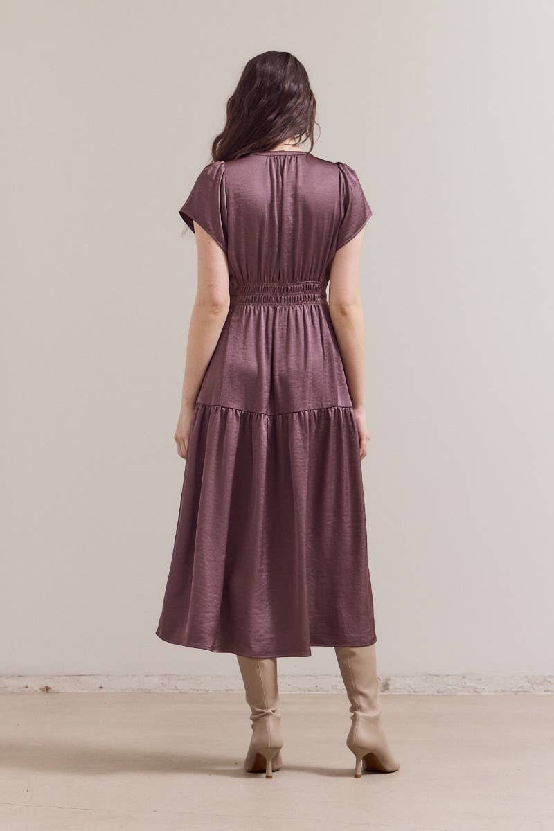 RUFFLE MATTE SATIN MIDI DRESS