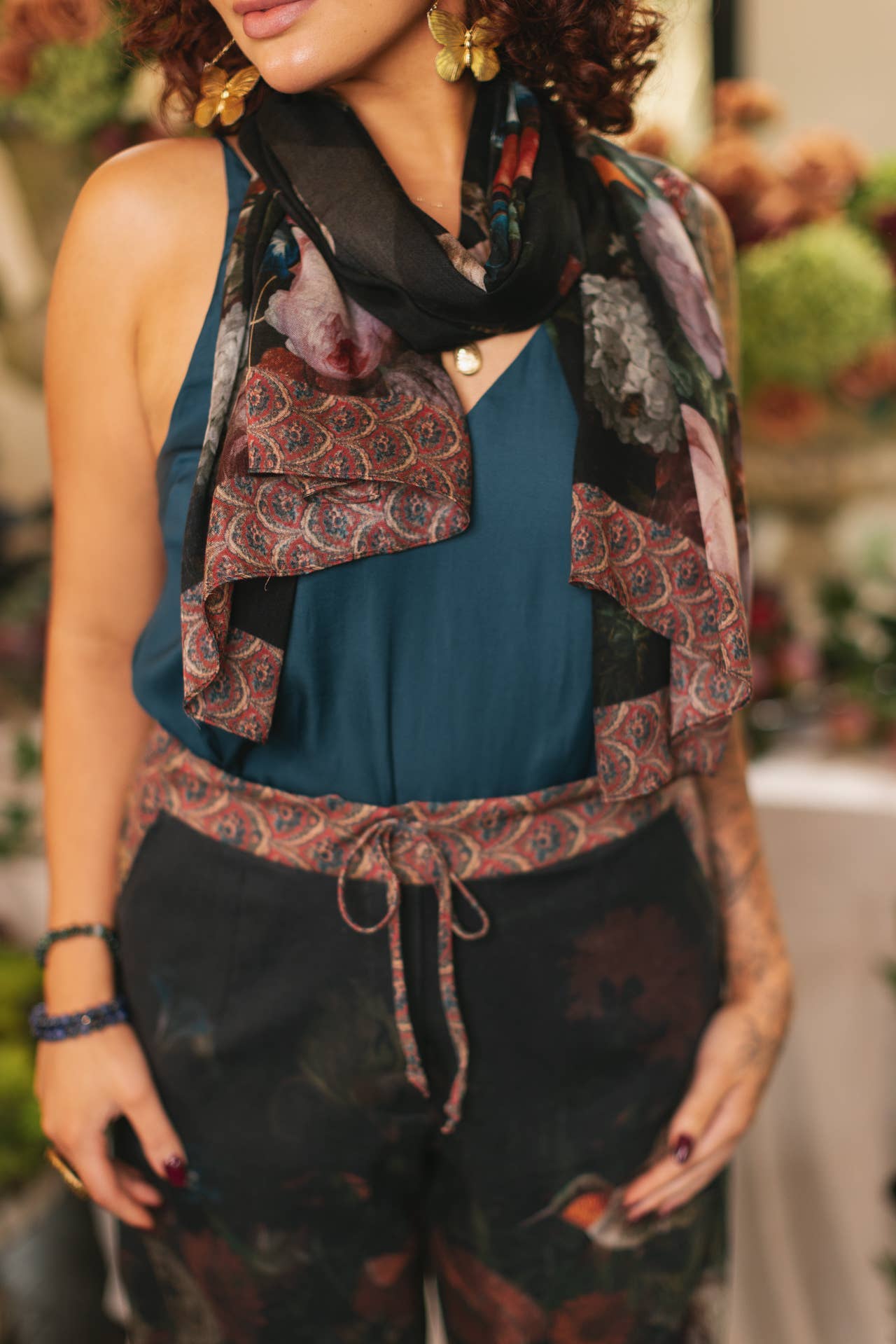 Flight of Fancy Floral Scarf with Hummingbirds - Out of the Blue