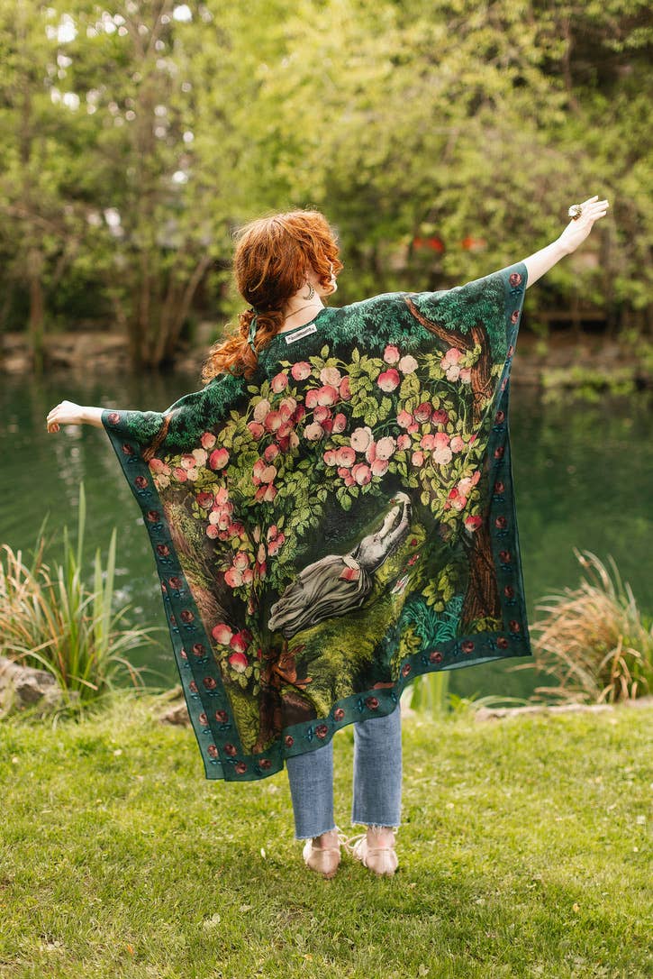 The Daydreamer Goddess Duster Kimono w/ Florals & Rabbits - Out of the Blue