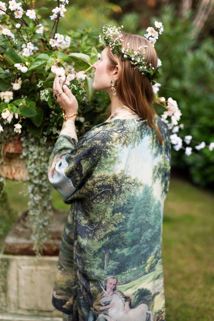 The Mythmaker Matinée Duster Kimono w/ landscape & unicorn - Out of the Blue