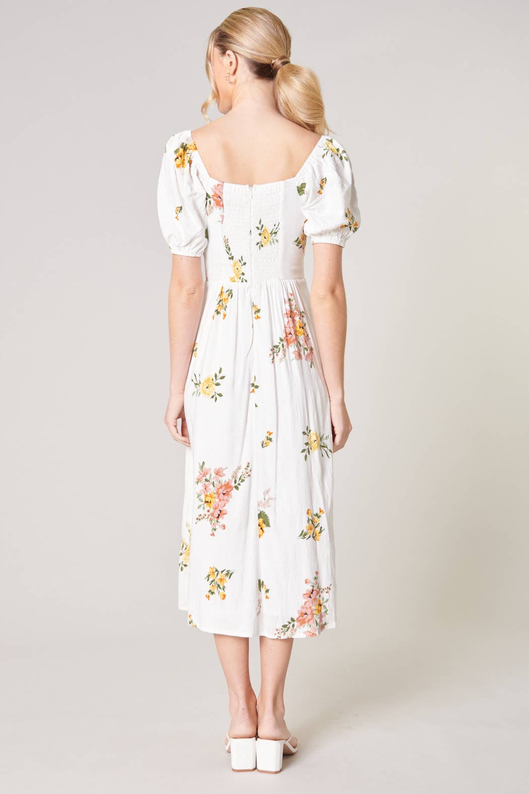 Priya Floral Alessi Puff Sleeve Midi Dress: GREEN-PINK-CORAL / XS - Out of the Blue