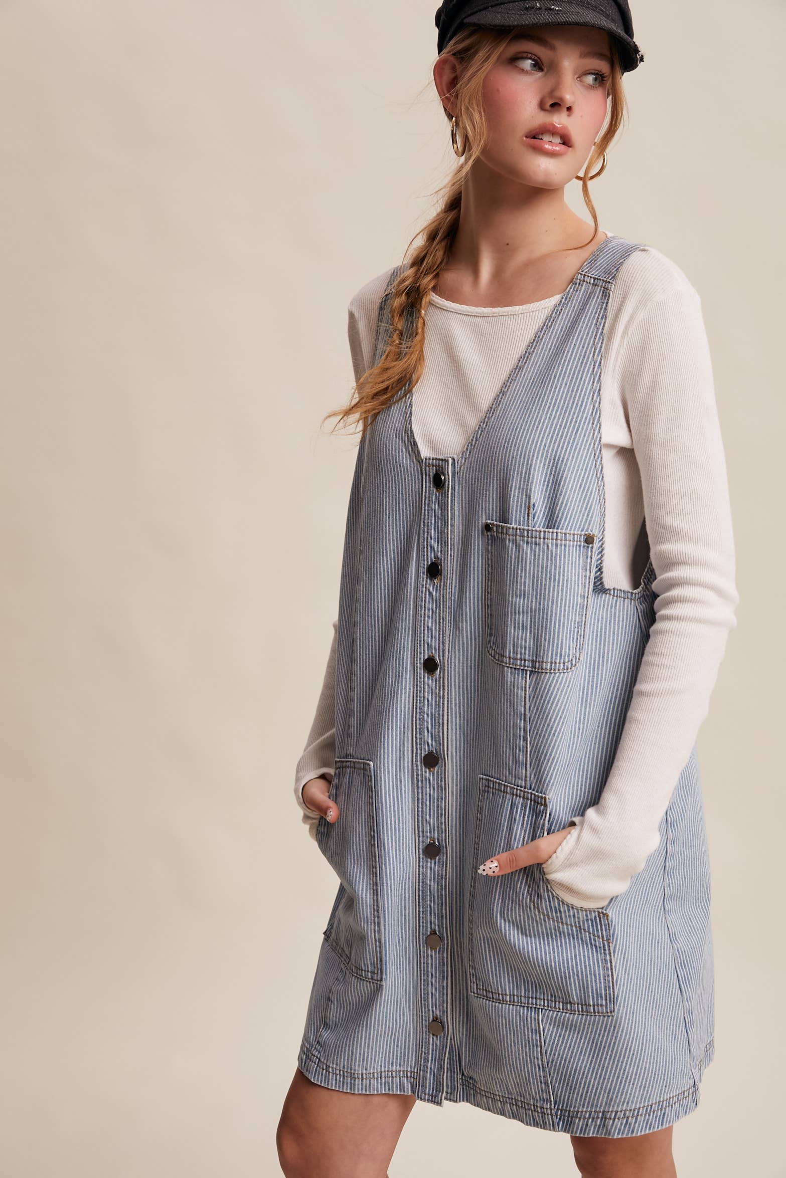 Striped Denim Button-Front Mini Dress LD1591 - Out of the Blue