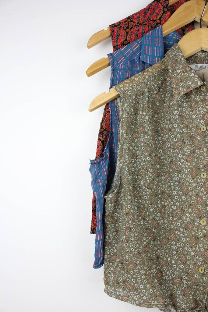 Upcycled Top - Sleeveless Cropped Button-Up Blouse - Out of the Blue