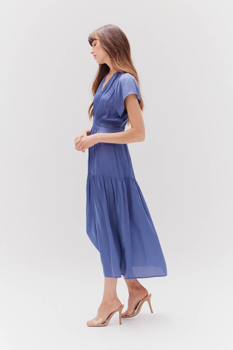 RUFFLE SATIN MIDI DRESS - Out of the Blue