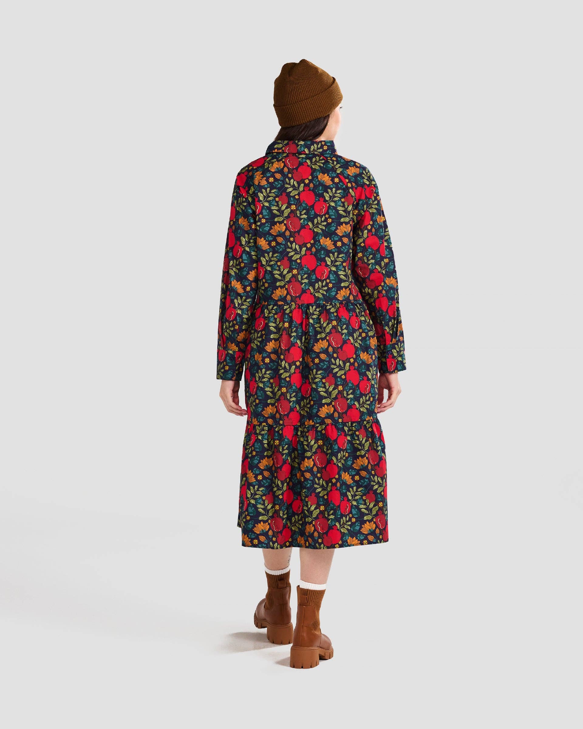 Pomegranates Printed Flared Pocket Shirt Dress - Out of the Blue