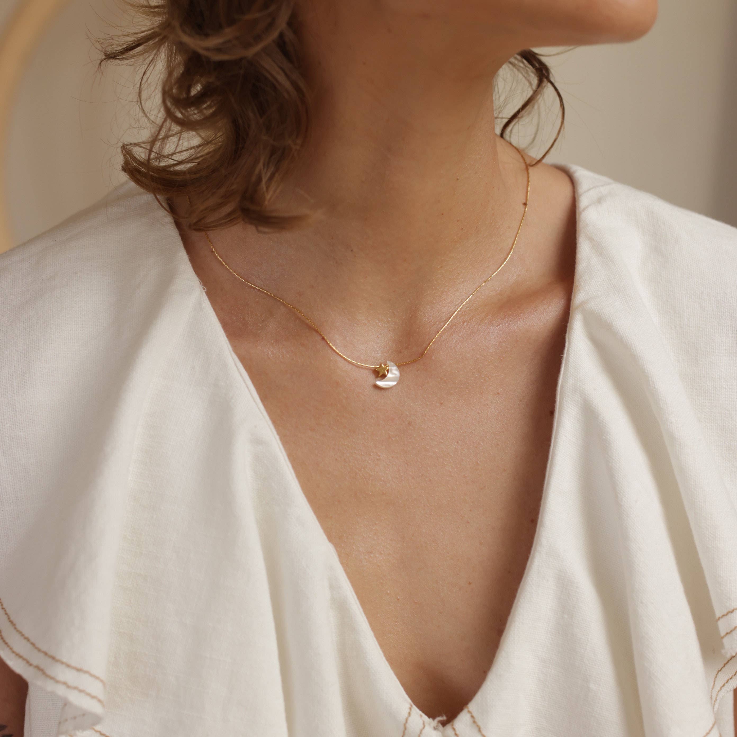 Mother of Pearl Moon + Star Necklace - Out of the Blue