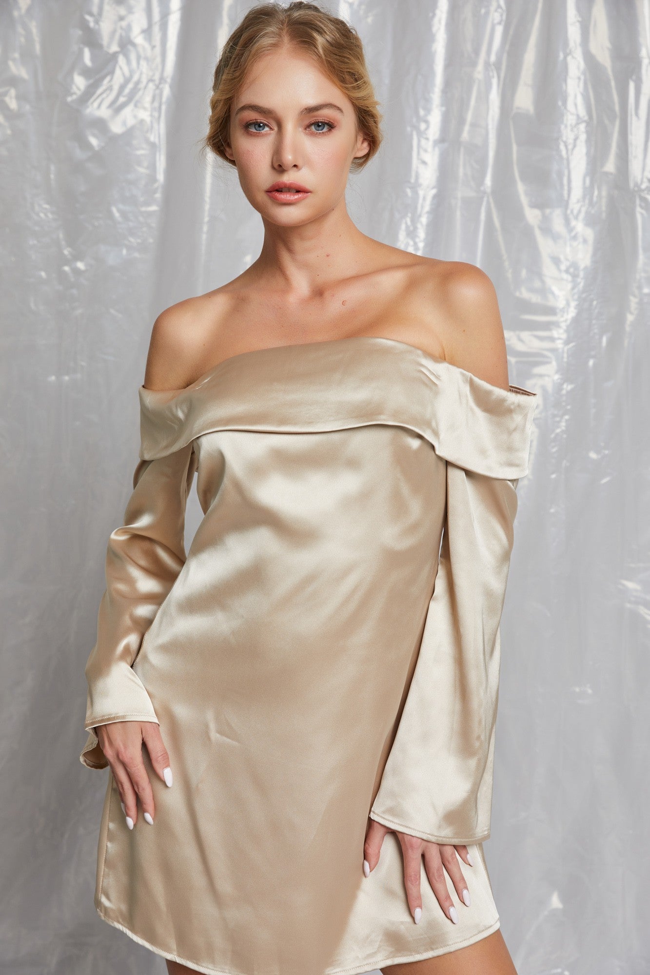 Off Shoulder Satin Dress - Out of the Blue