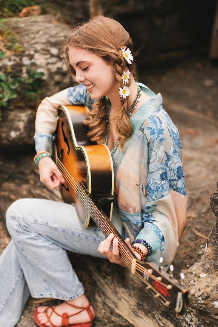 Peace Out Cropped Kimono Pixie Duster with Doves and Sunrise - Out of the Blue