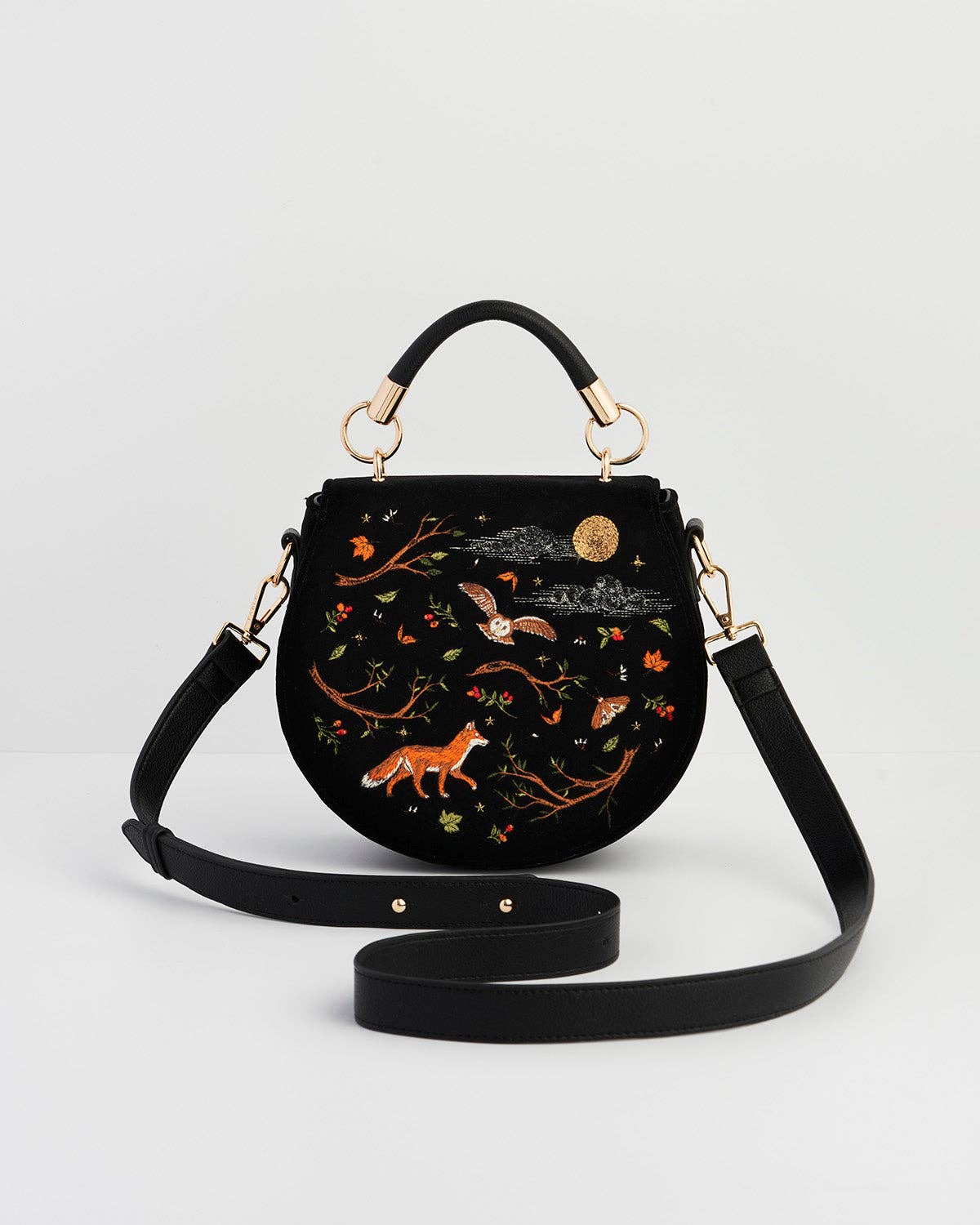 Fox & Owl Embroidered Black Top Handle Saddle Bag - Out of the Blue