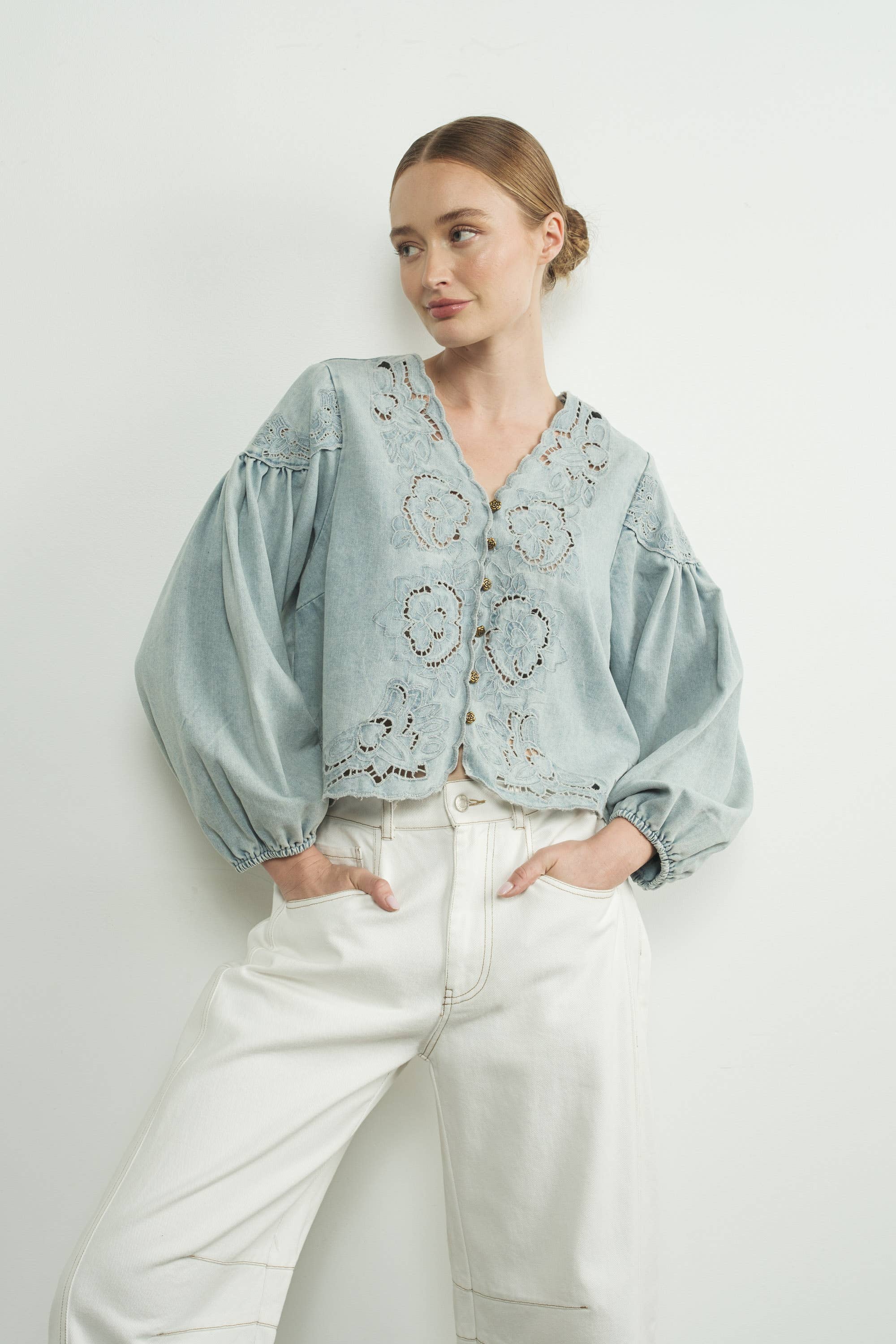 DENIM EMBROIDERY BLOUSE - Out of the Blue