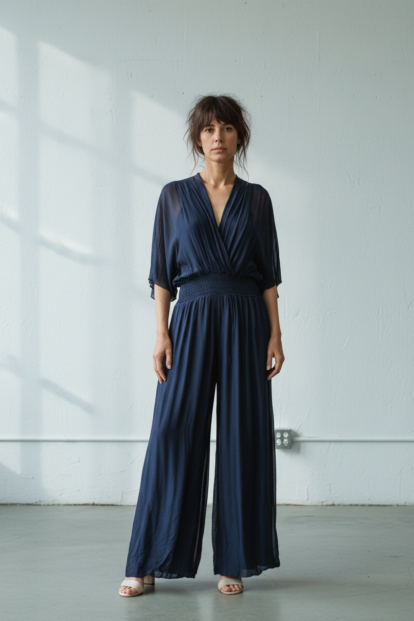 Navy blue jumpsuit worn by a model on a white background