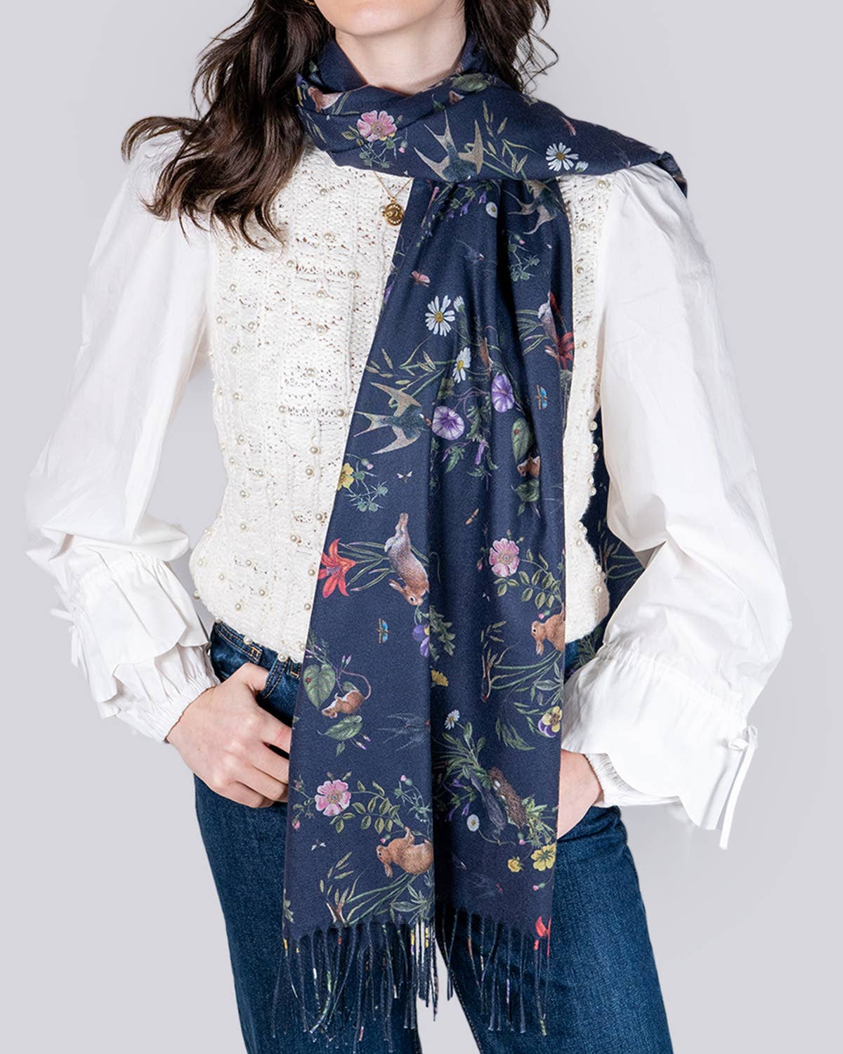 Navy Running Bunny Toile Fringe Scarf