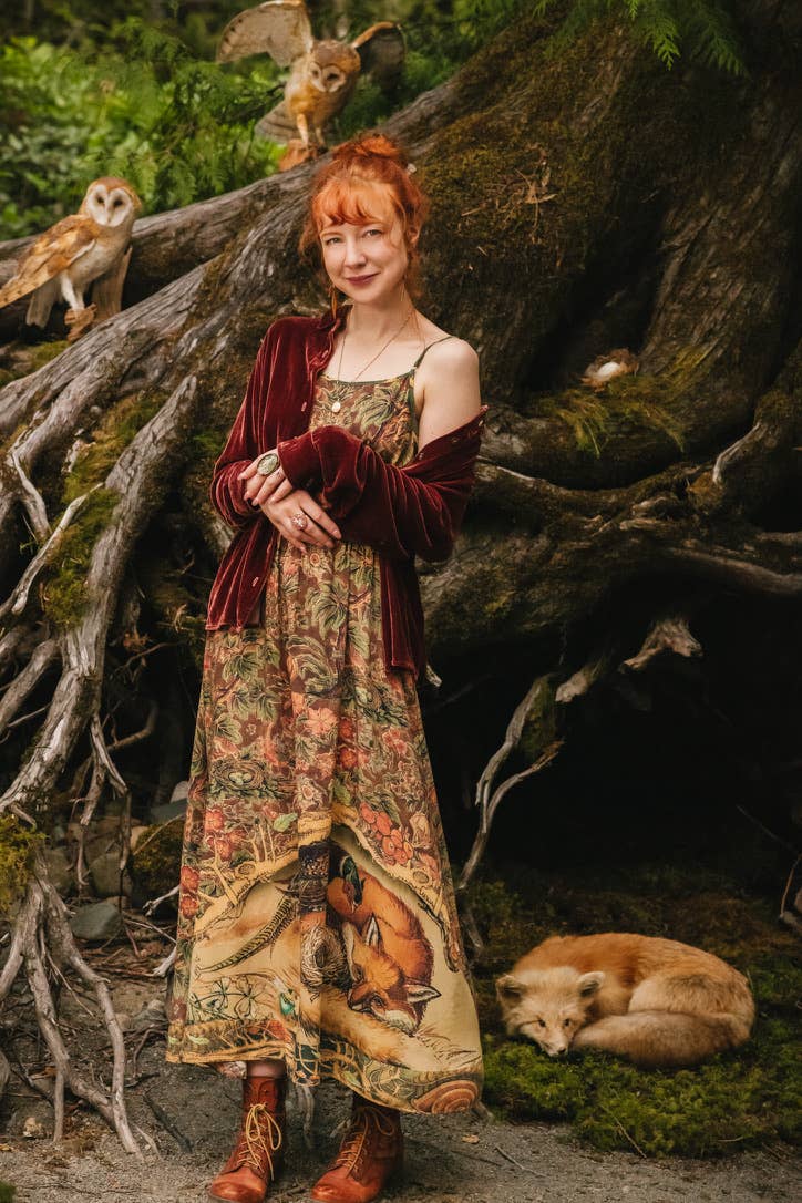 Woodland Wisdom Bohéme Maxi Slip Dress w/ Florals, Fox & Owl - Out of the Blue