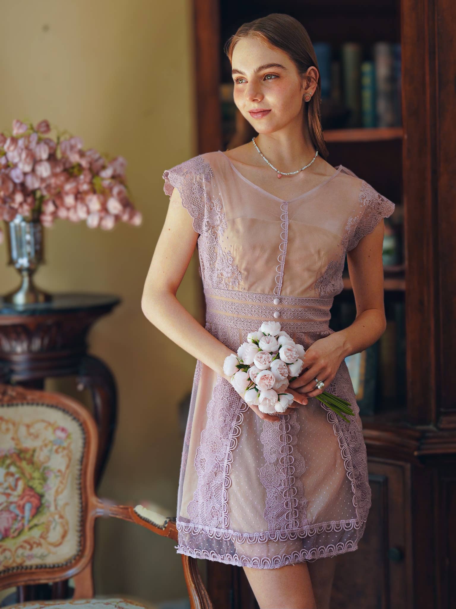 Lavender Lace Illusion Dress with Piping Detail