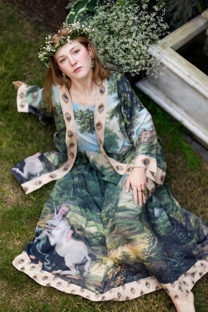 The Mythmaker Bohéme Maxi Slip Dress w/ Landscape & Unicorn - Out of the Blue