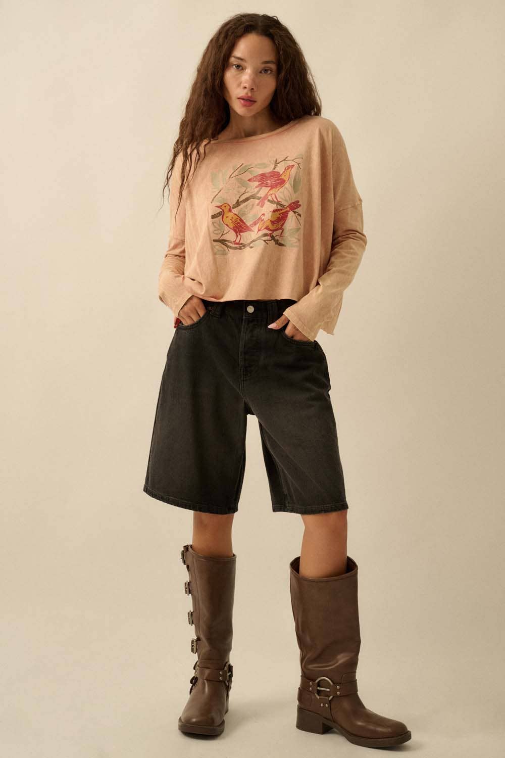 Birds Perched Cropped Vintage-Wash Graphic Tee