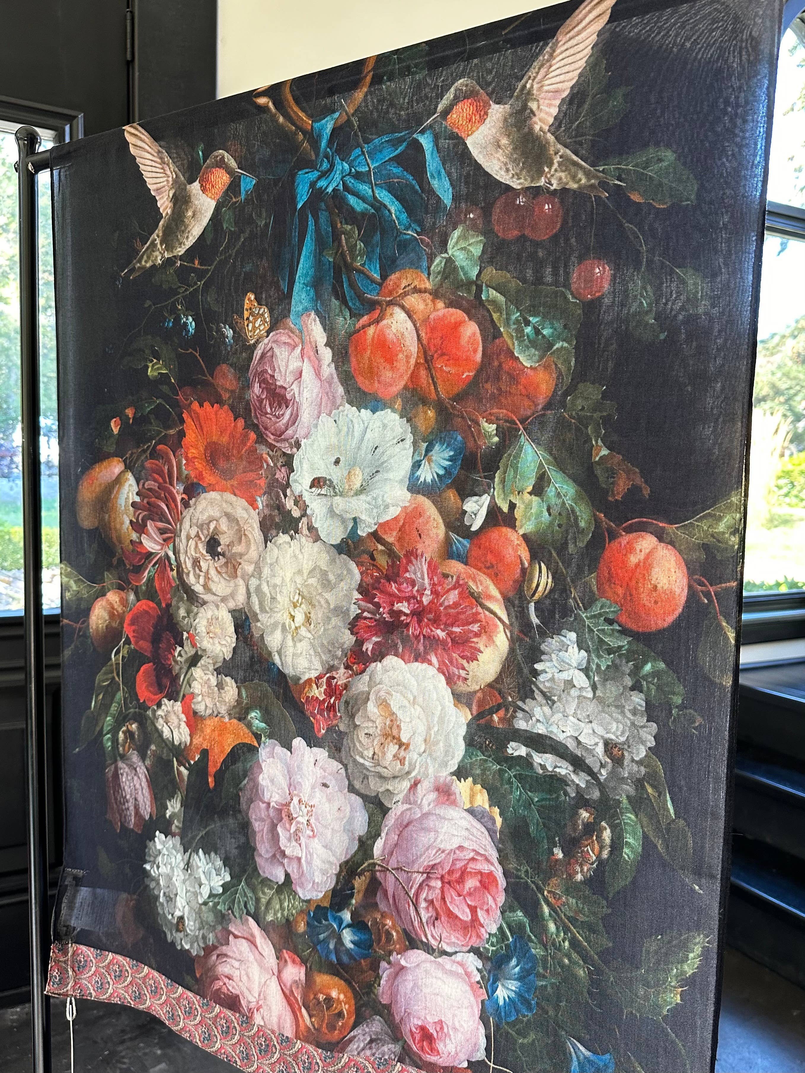 Flight of Fancy Floral Scarf with Hummingbirds - Out of the Blue