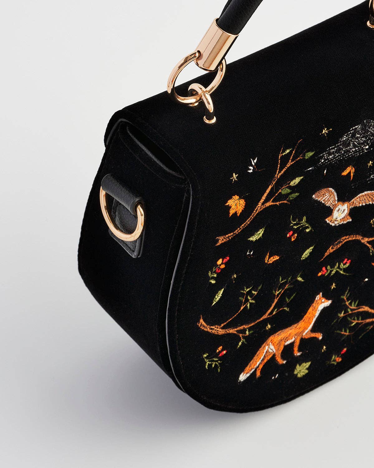 Fox & Owl Embroidered Black Top Handle Saddle Bag - Out of the Blue