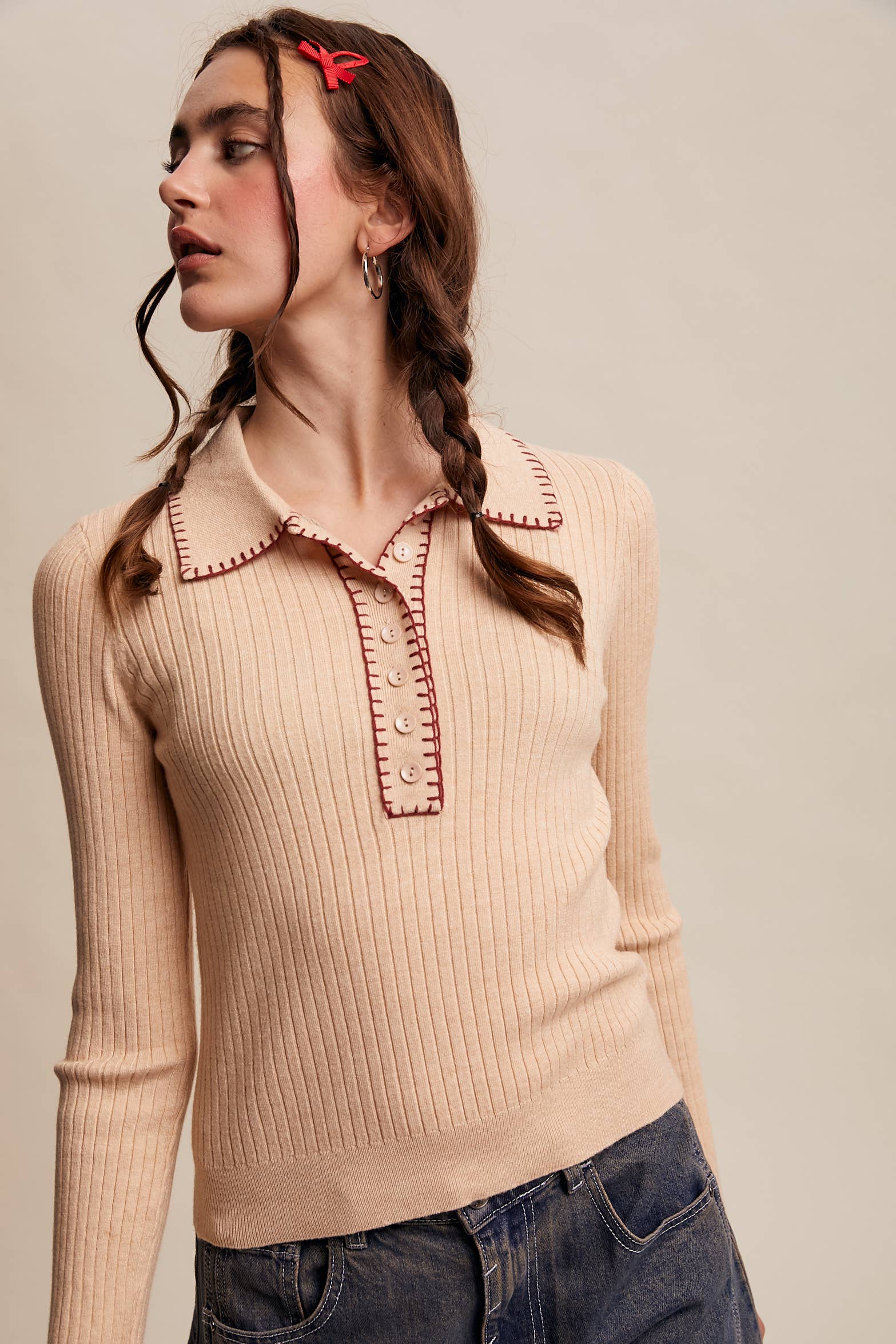 Contrast Stitch Ribbed Knit Top - Out of the Blue