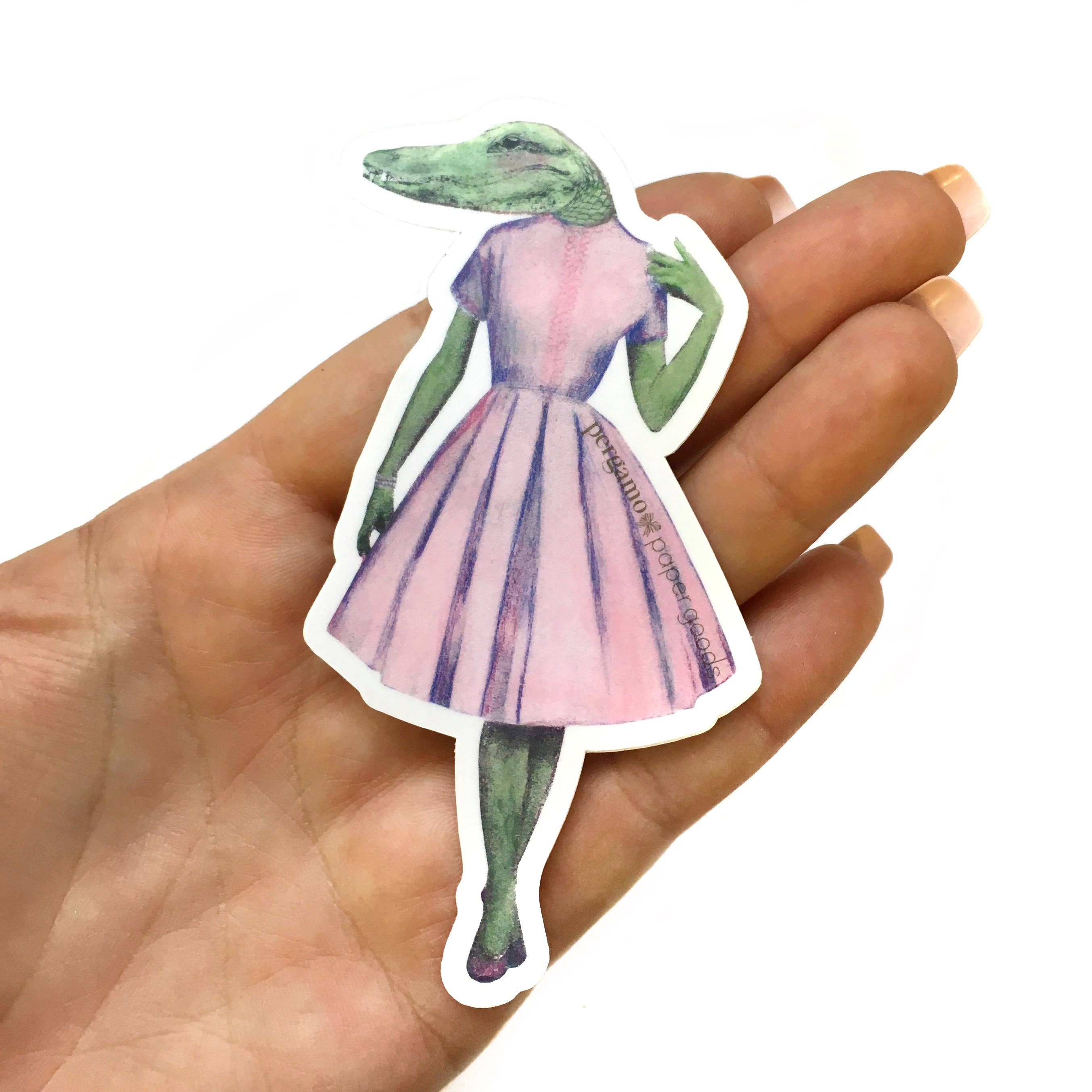 Pink Dress Alligator Lady Illustrated Animal Vinyl Sticker - Out of the Blue