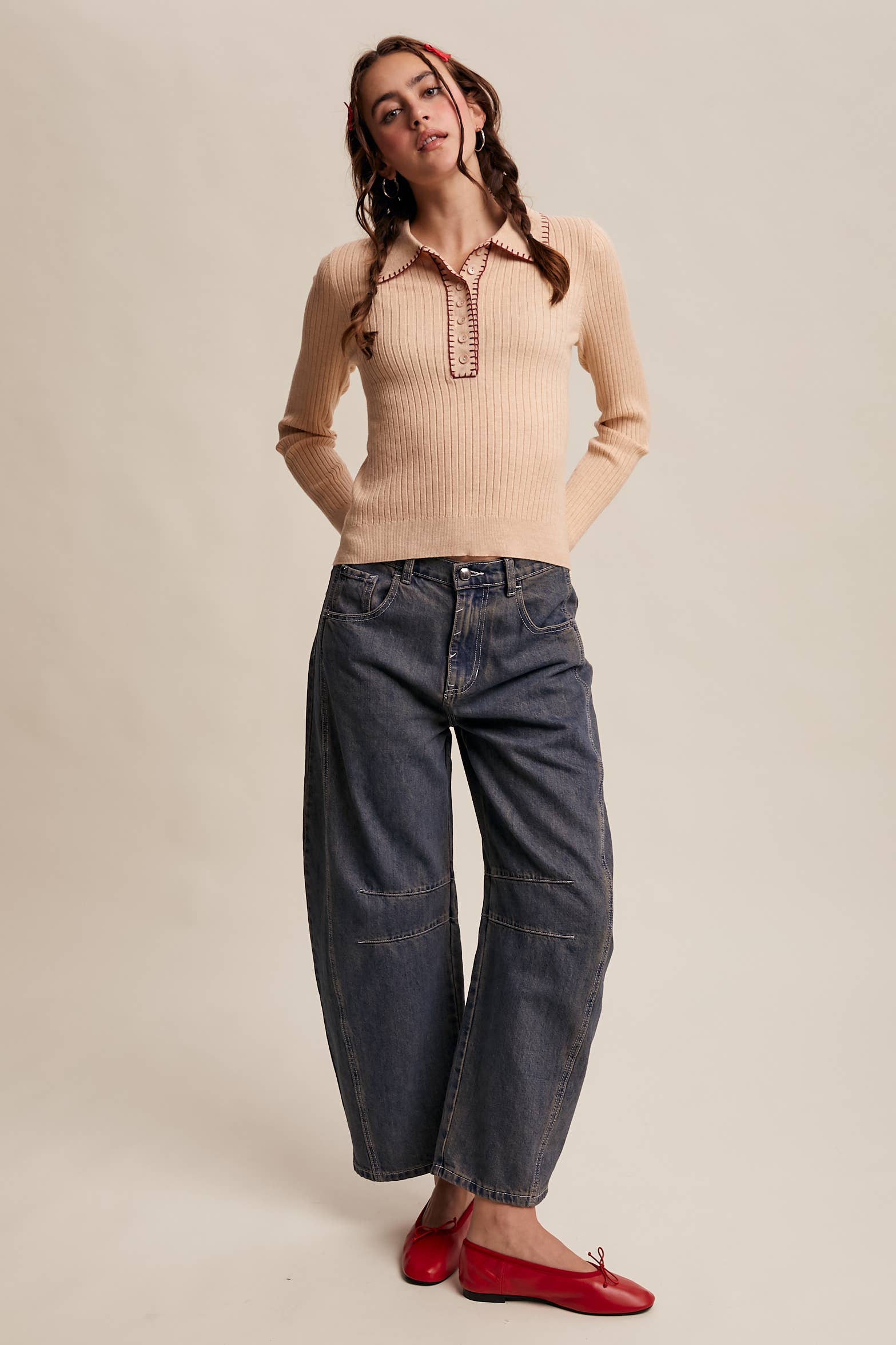 Contrast Stitch Ribbed Knit Top - Out of the Blue