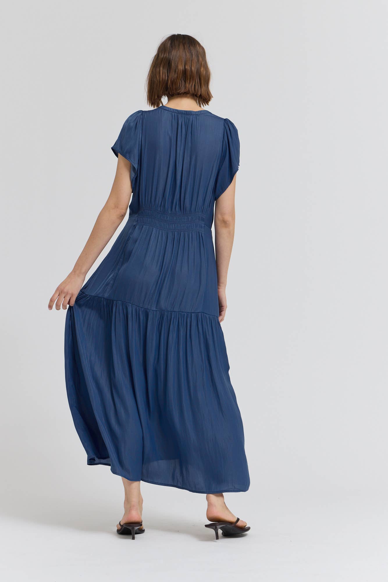 RUFFLE SATIN MIDI DRESS - Out of the Blue