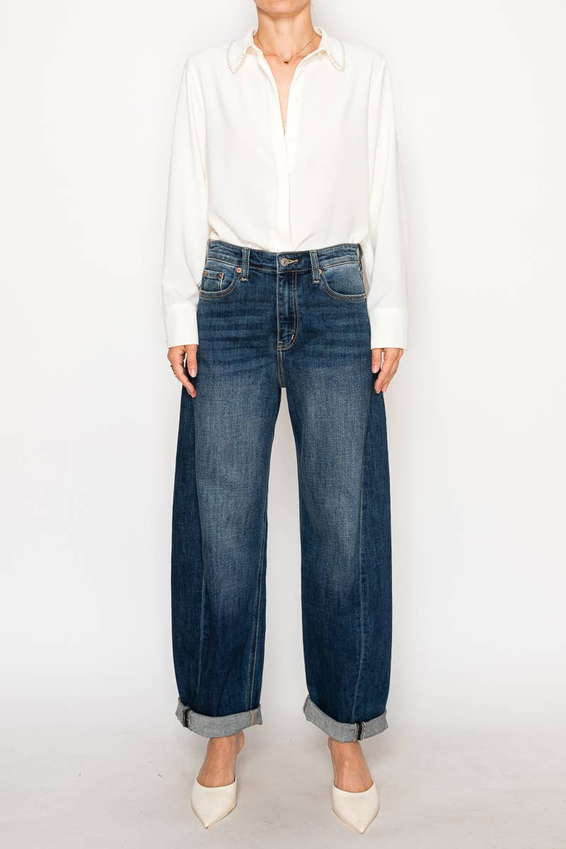 HIGH RISE RELAXED TAPERED DARK WASH BARREL JEANS - Out of the Blue