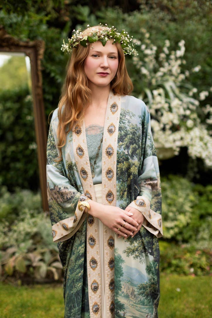 The Mythmaker Opera Duster Kimono Robe w Landscape & Unicorn - Out of the Blue