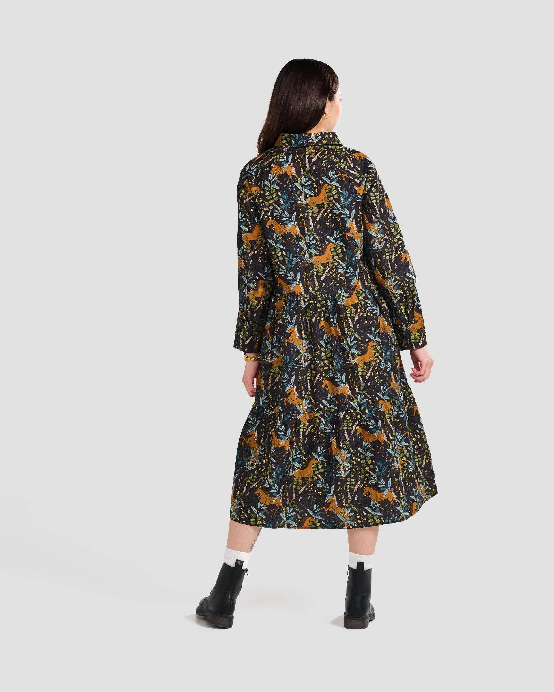 Wild Horses Printed Flared Pocket Shirt Dress - Out of the Blue