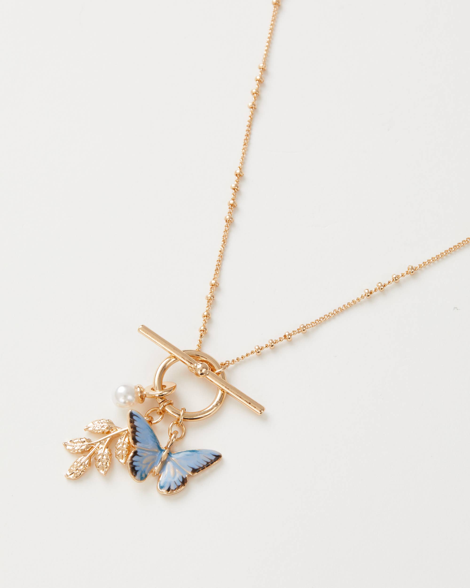 Blue Butterfly & Leaf Charm Necklace