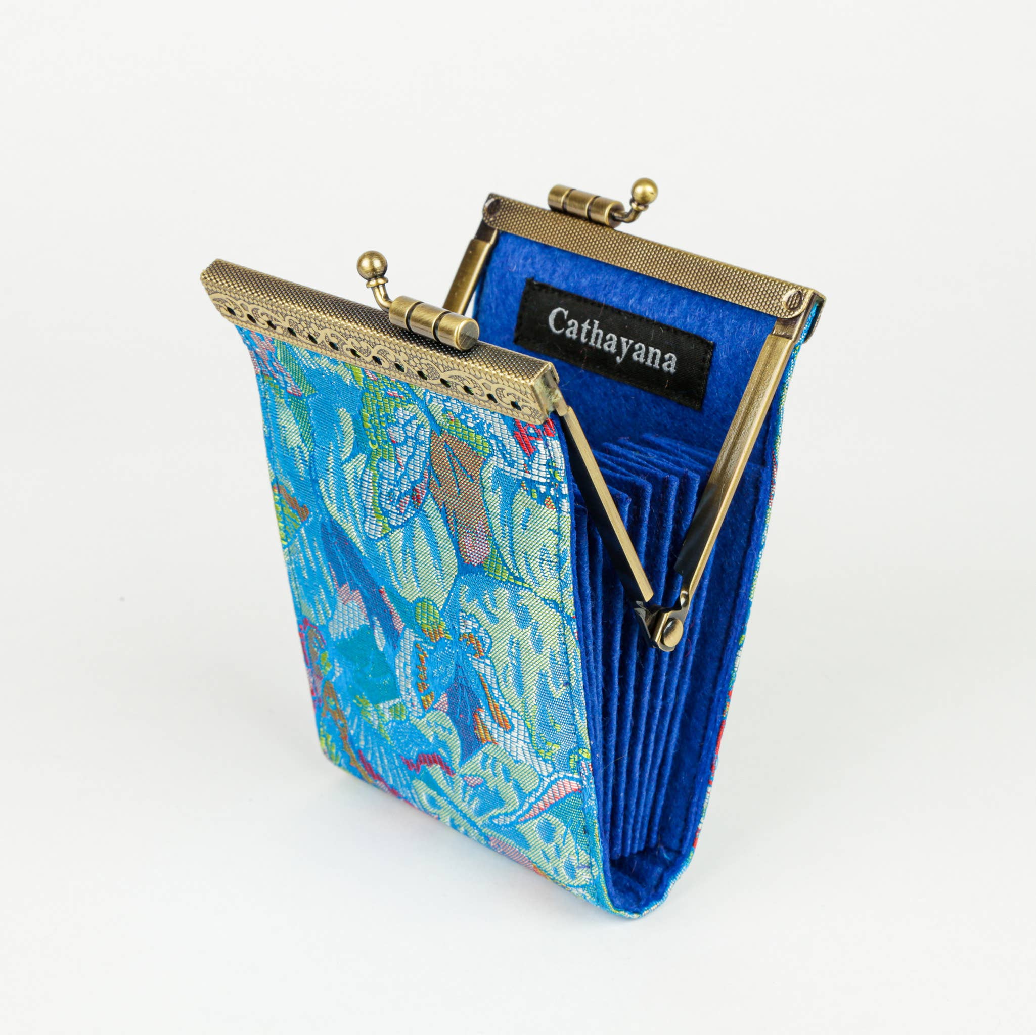 Floral Brocade Card Holder with RFID, Business Card Case: Sky Blue & Pink - Out of the Blue