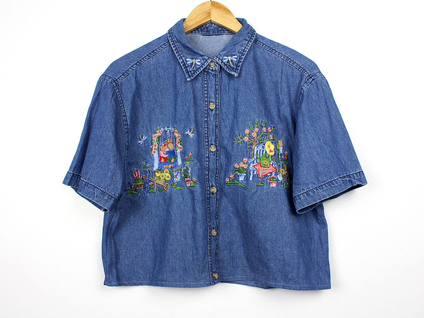 Reworked Vintage Denim Button-Up Shirt - Cropped - Out of the Blue