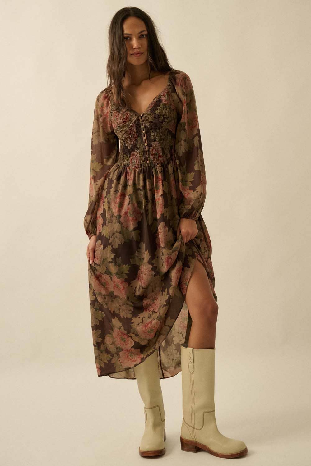 Smocked Midi Peasant Dress