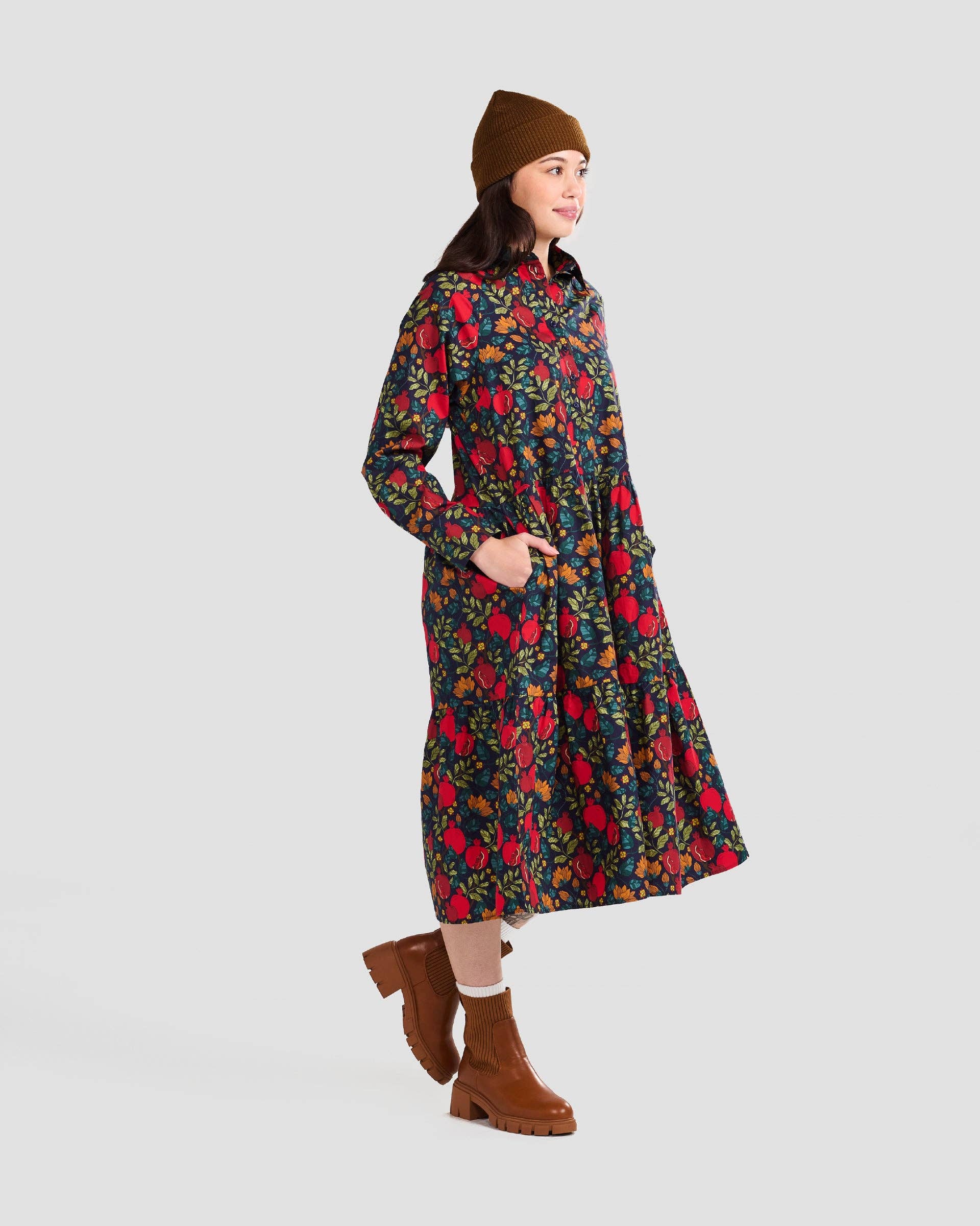 Pomegranates Printed Flared Pocket Shirt Dress - Out of the Blue