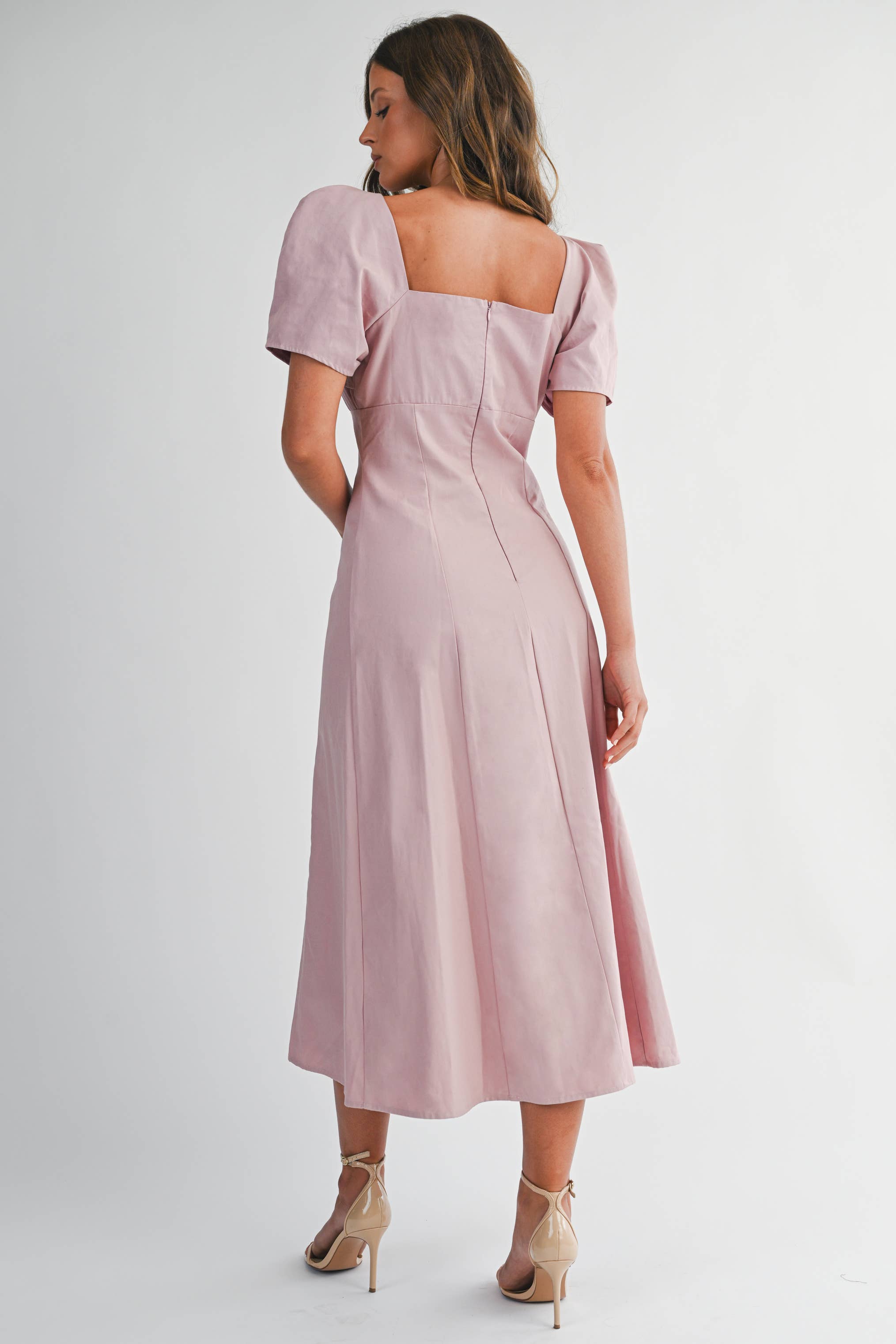 Mauve Puff Sleeve Midi Dress - Out of the Blue