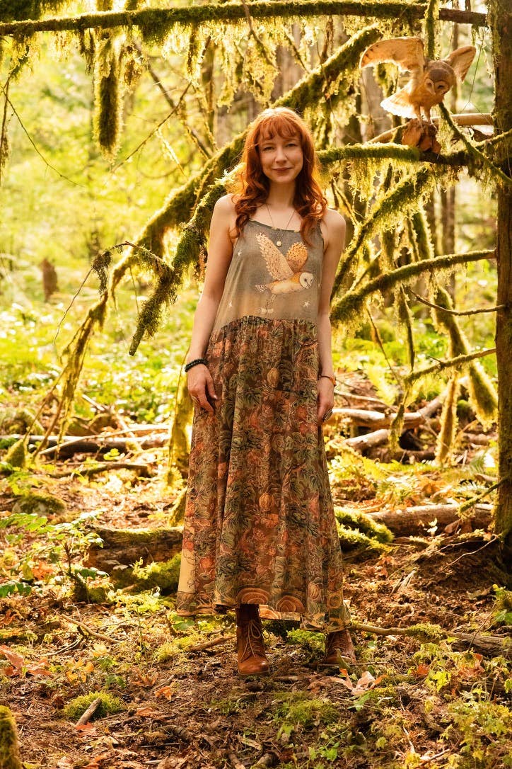 Woodland Wisdom Bohéme Maxi Slip Dress w/ Florals, Fox & Owl - Out of the Blue