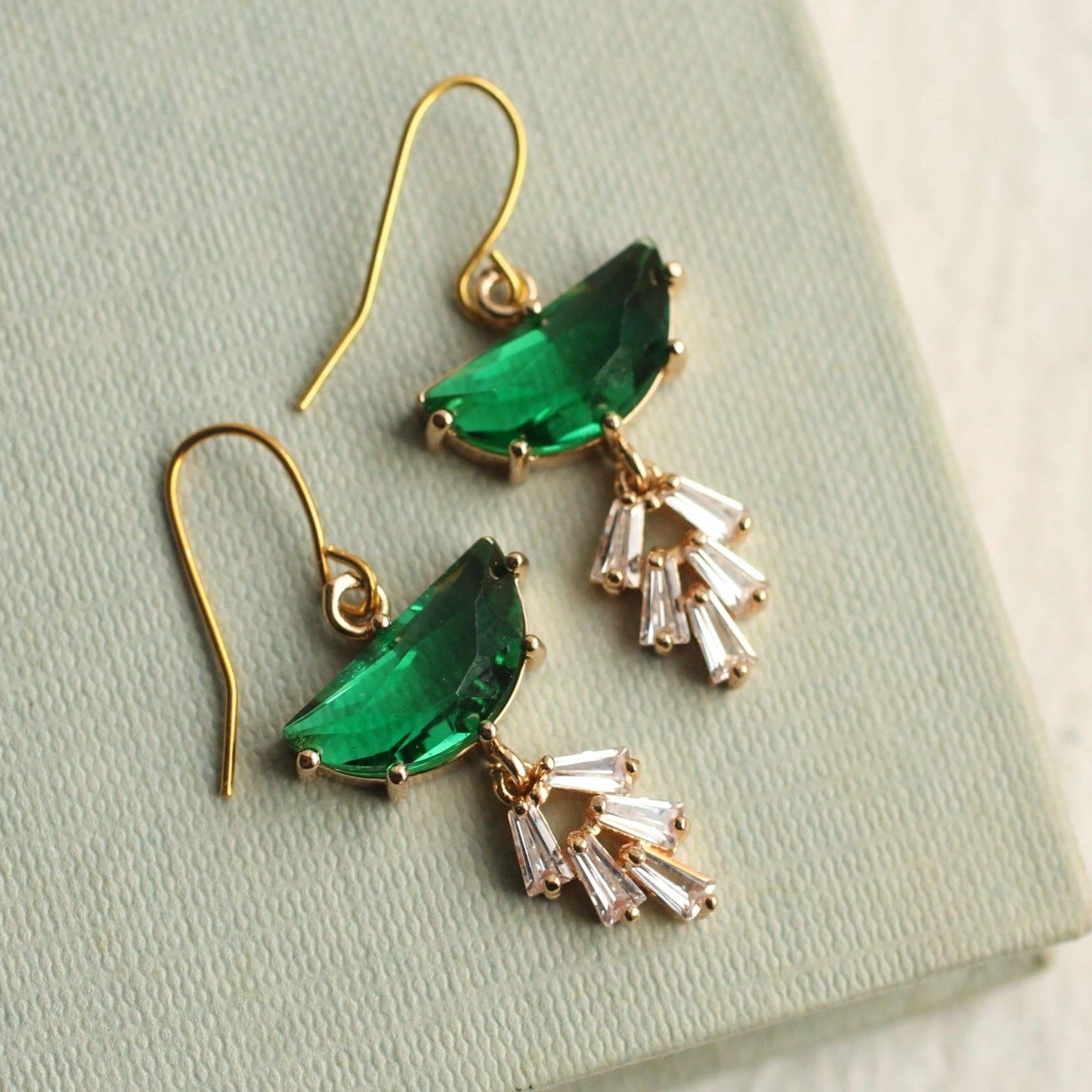 Emerald Deco Crystal Moon Earrings
