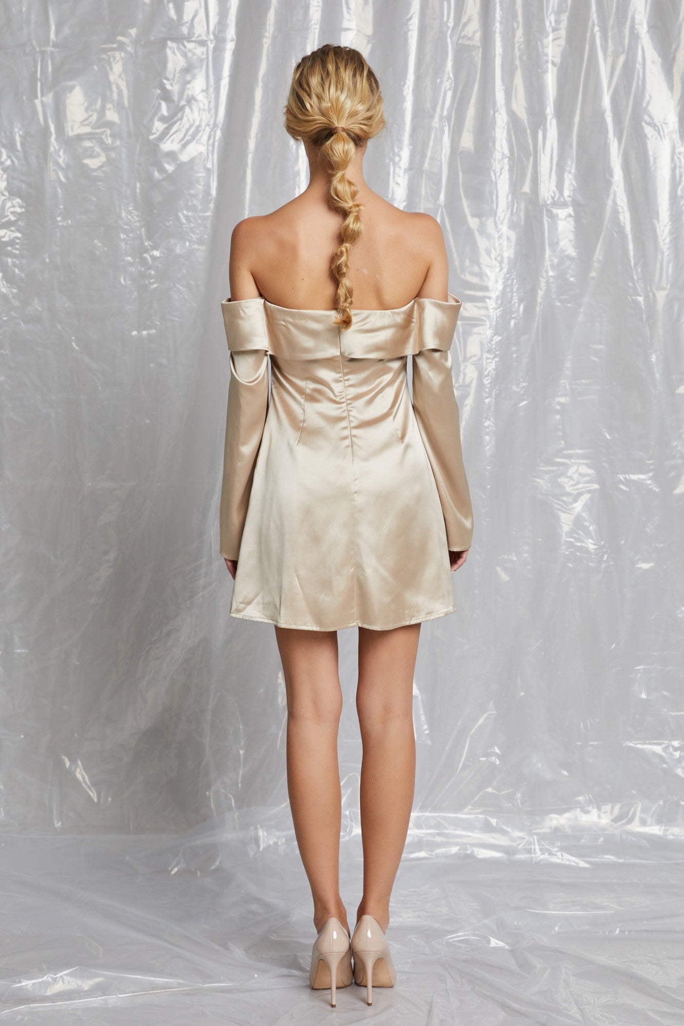 Off Shoulder Satin Dress - Out of the Blue
