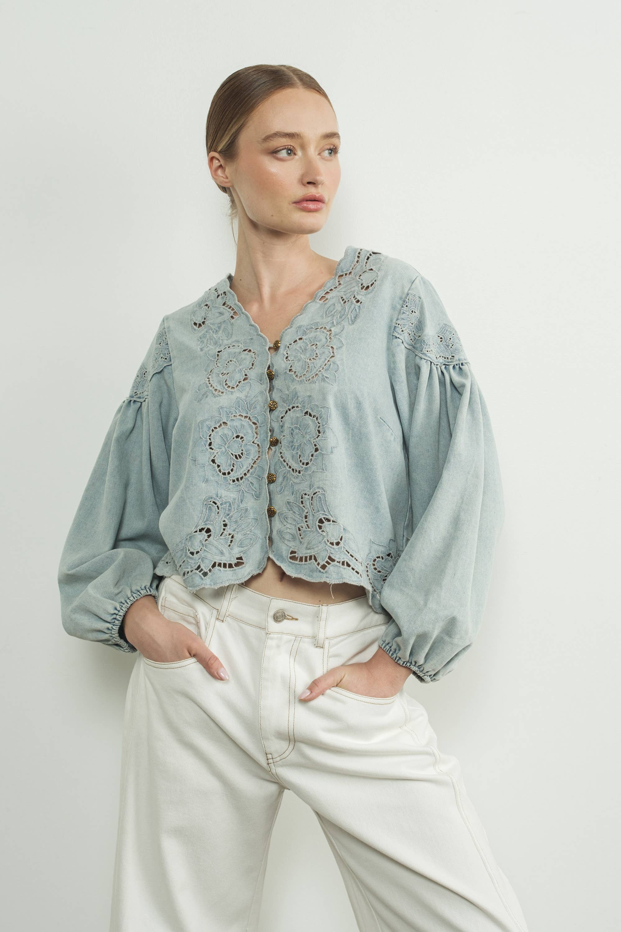 DENIM EMBROIDERY BLOUSE - Out of the Blue