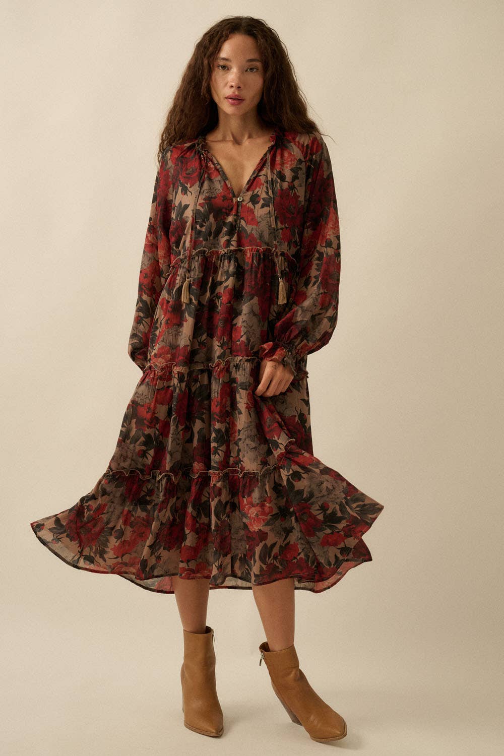 Floral-Print Tiered Ruffle Long-Sleeve Midi Dress - Out of the Blue