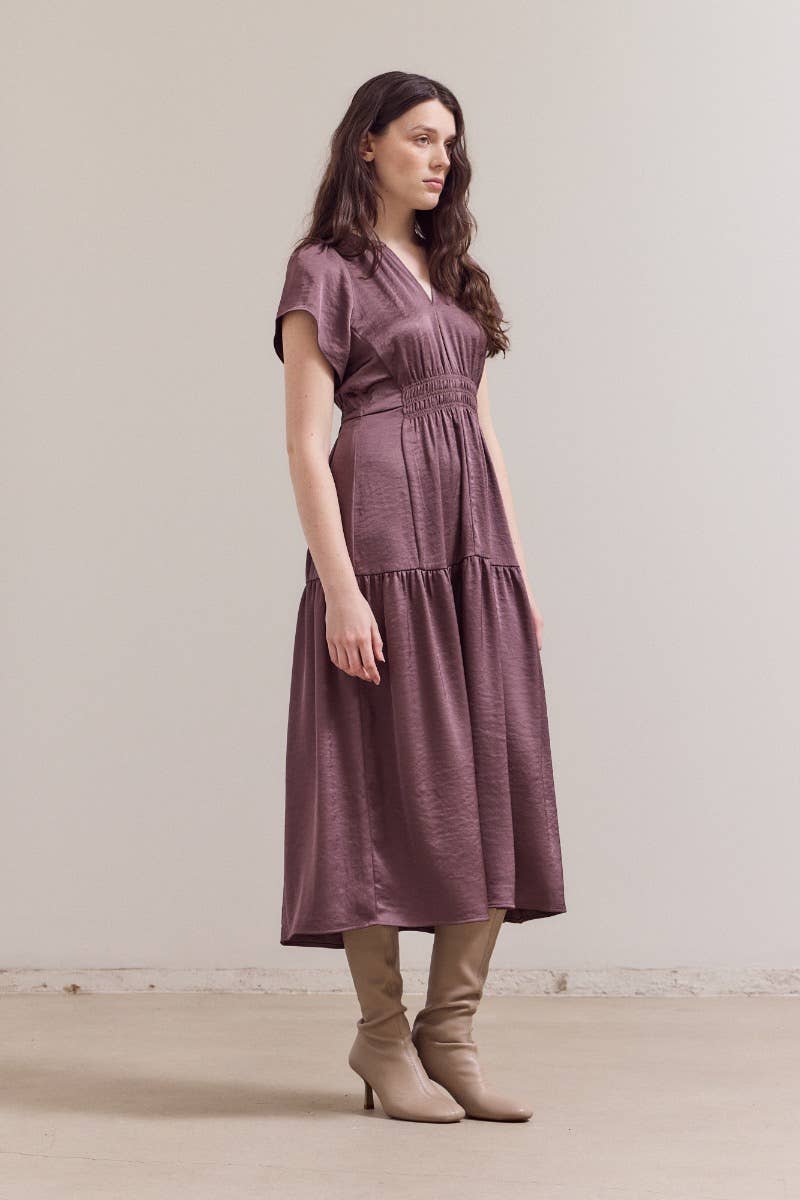 RUFFLE MATTE SATIN MIDI DRESS