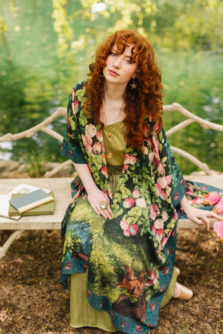The Daydreamer Goddess Duster Kimono w/ Florals & Rabbits - Out of the Blue