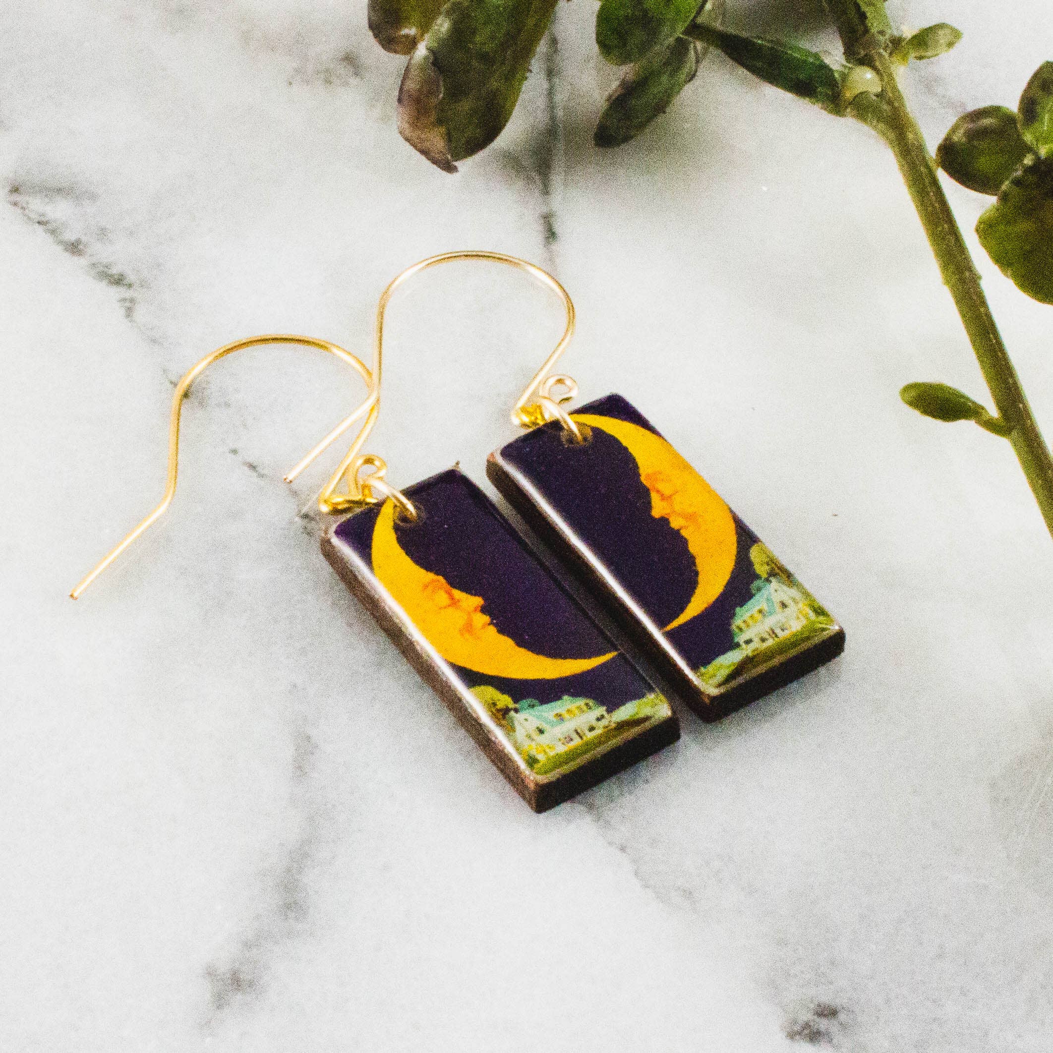 Vintage Crescent Moon Rectangle Earrings - Out of the Blue