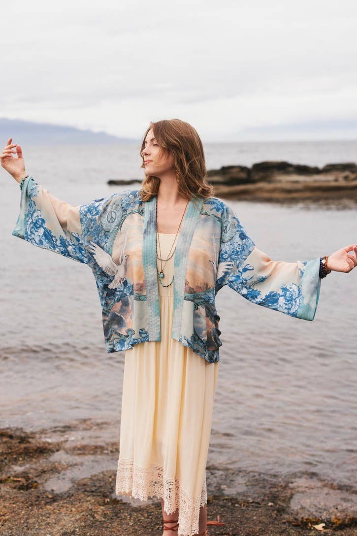 Peace Out Cropped Kimono Pixie Duster with Doves and Sunrise - Out of the Blue