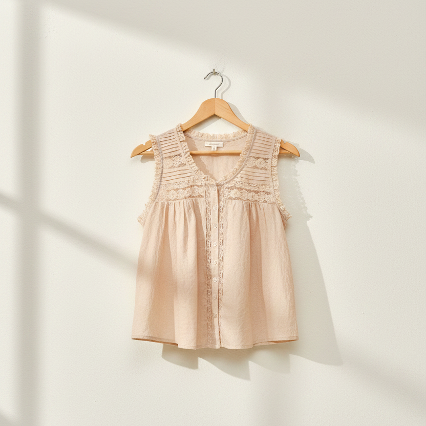 Beige sleeveless top on a wooden hanger against a white wall with sunlight casting shadows.