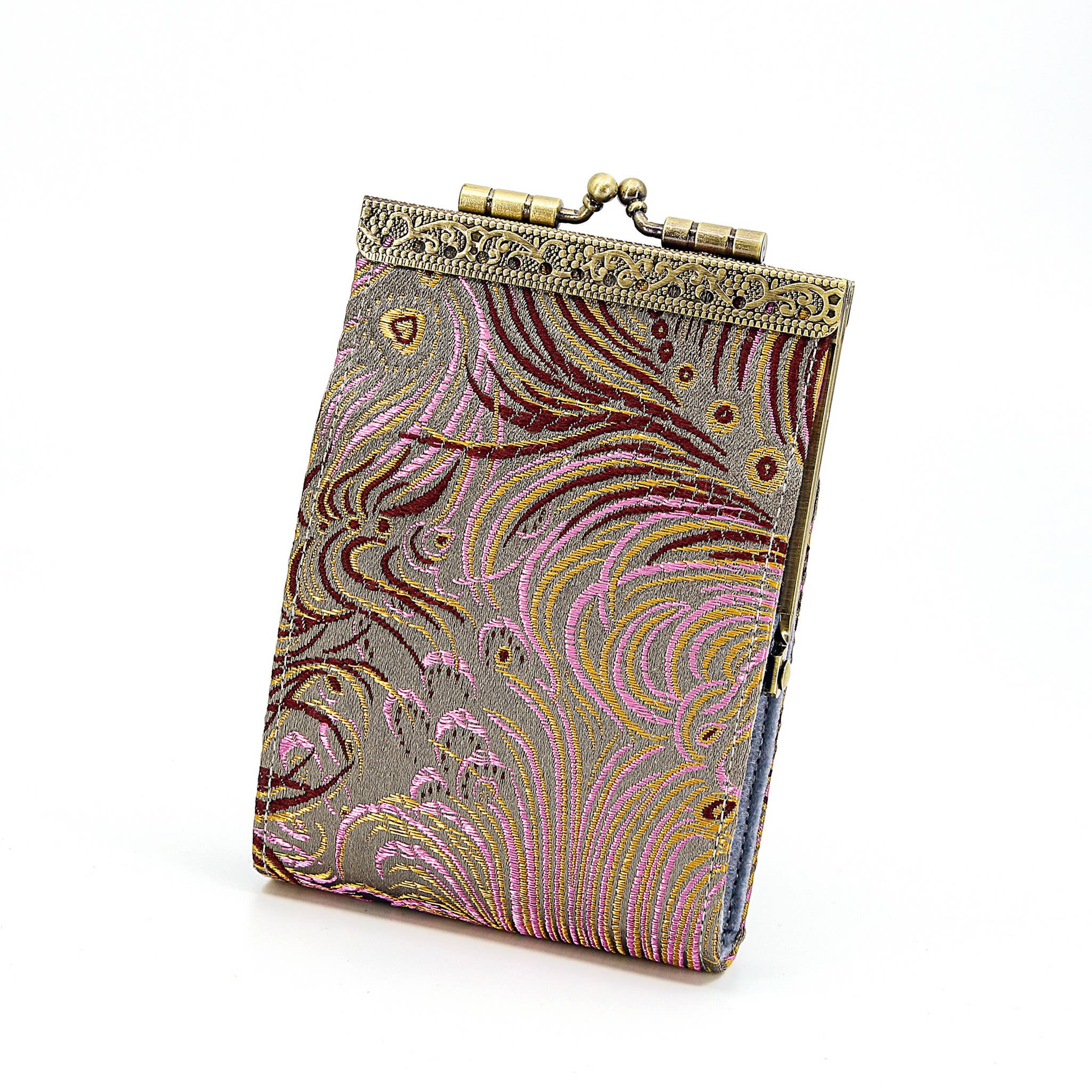 Brocade Peacock Card Holder w/ RFID, Card Case, Card Wallet: Gray & Pink - Out of the Blue