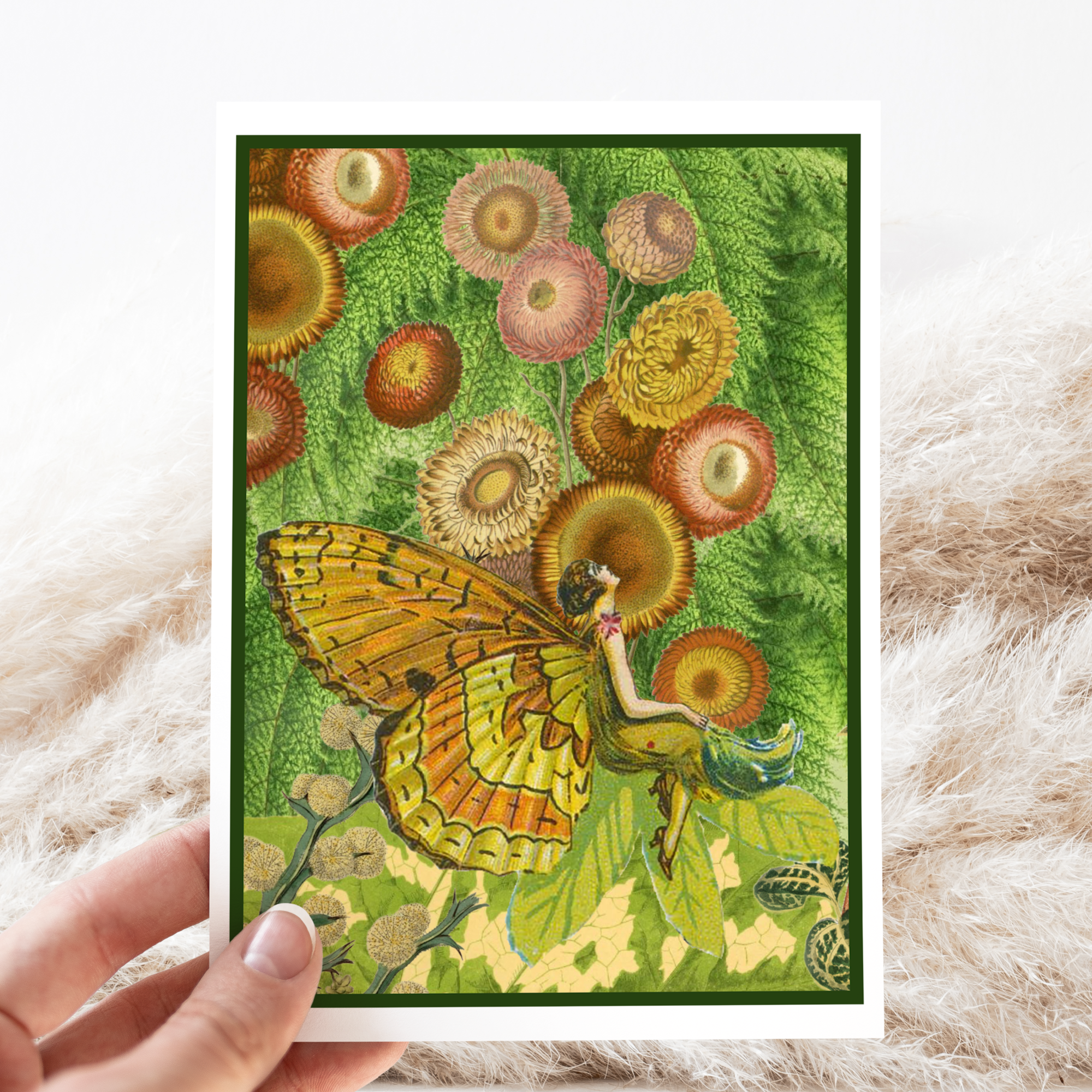 Greeting Card. Vintage Butterfly Fairy Girl. Green Orange. - Out of the Blue